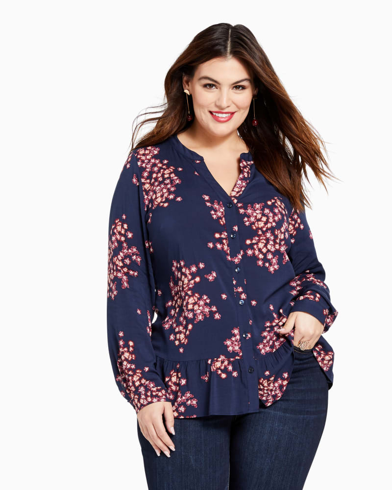 Front of plus size Alex Ruffled Button-Down Shirt by Prescott New York | Dia&Co | dia_product_style_image_id:117721